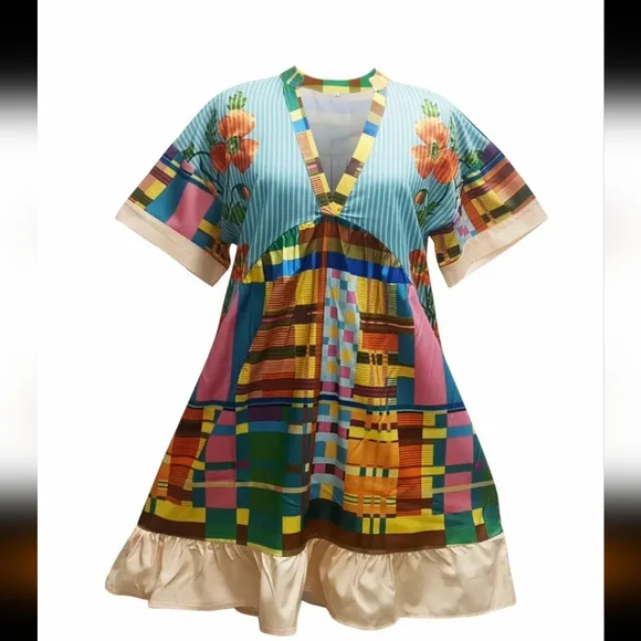 New mixed print Aline tunic dress with deep Vneck, short sleeves and ruffled bot - Picture 1 of 7
